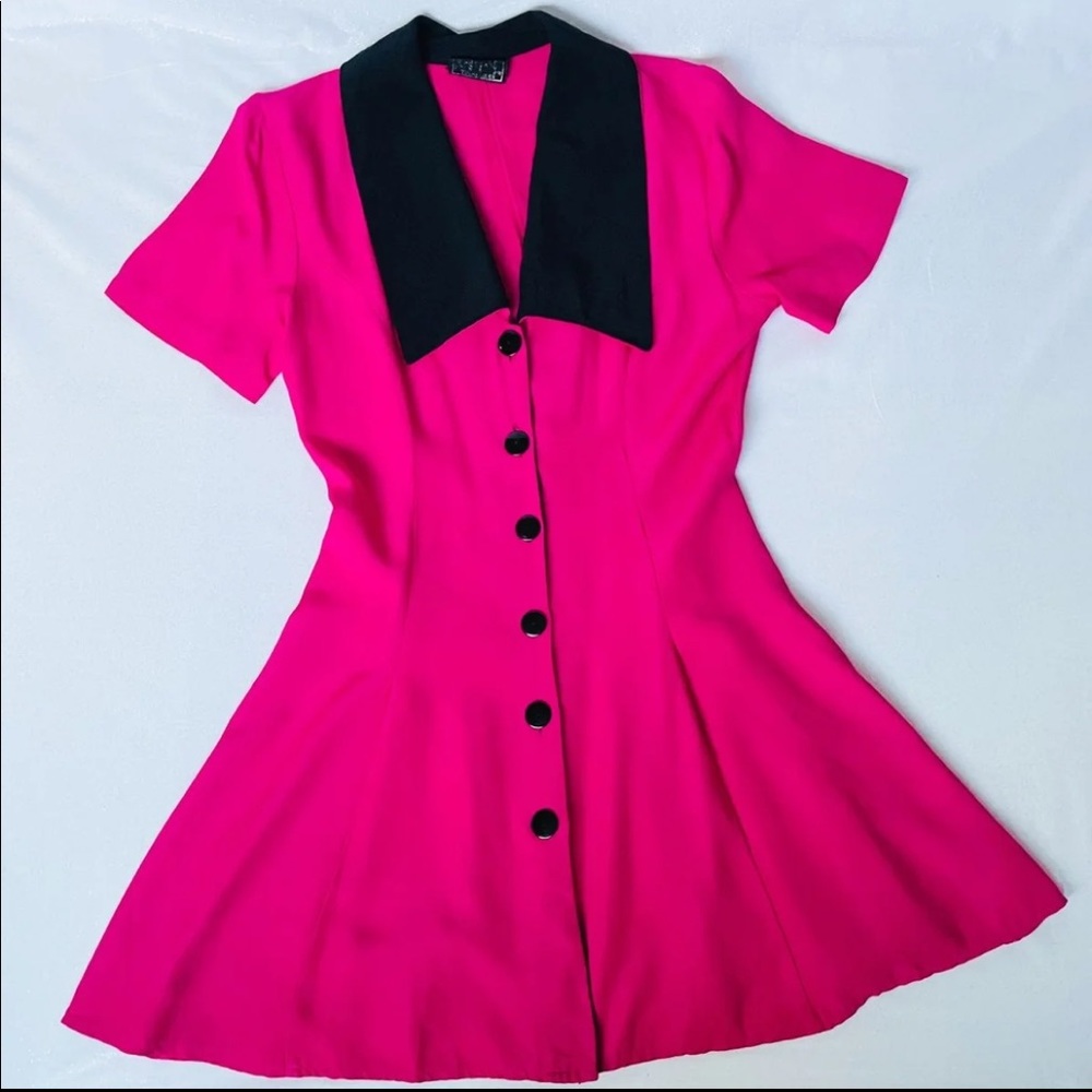 Vintage vtg pink fuchsia black 80s collared summer dress small